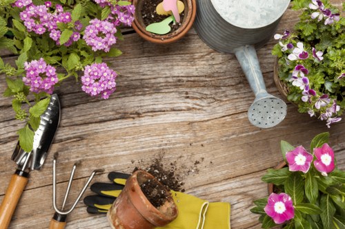 Gardener holding tools at front of a secure online checkout illustration